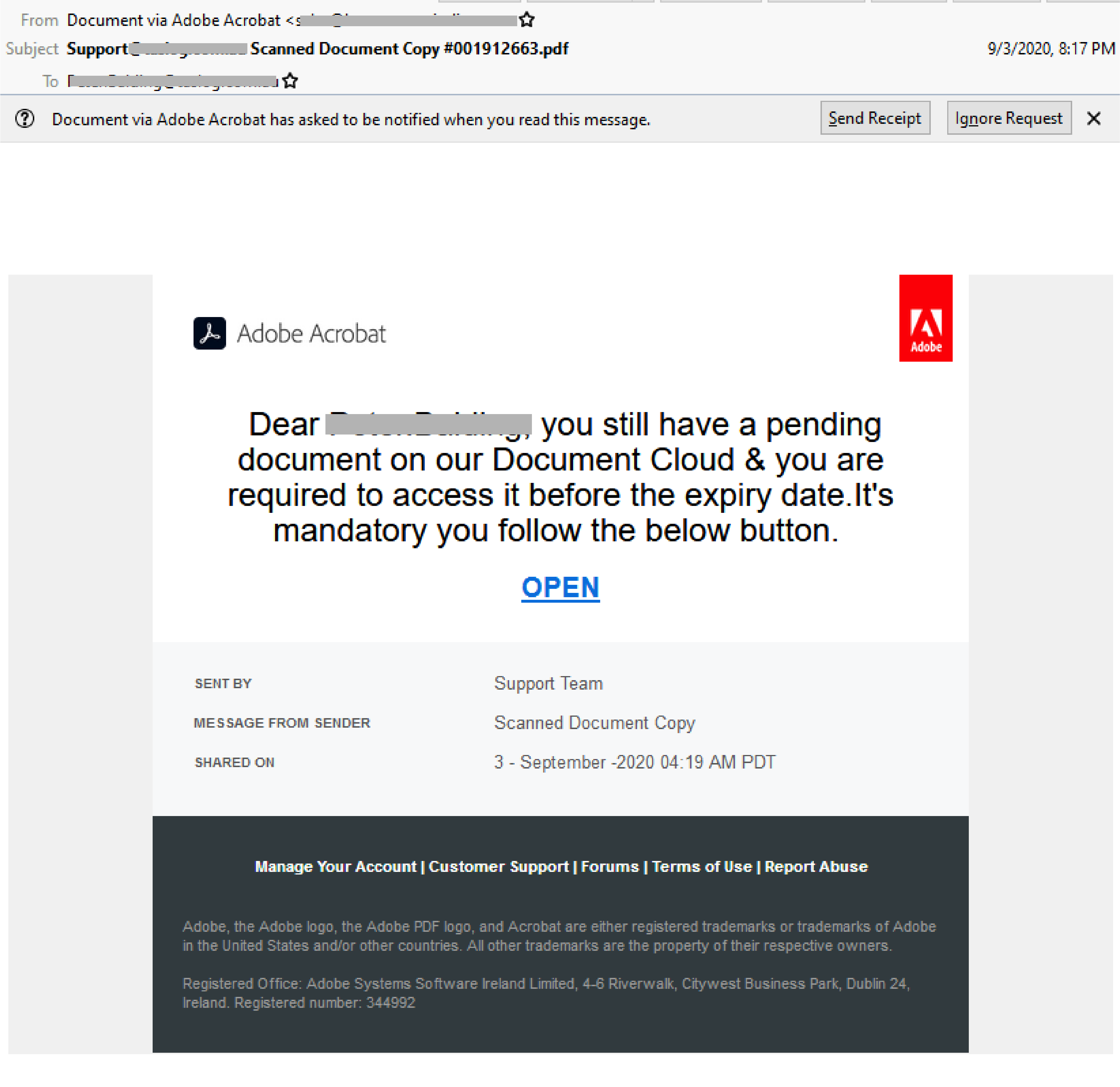 Email scam spoofs adobe document cloud to harvest user credentials
